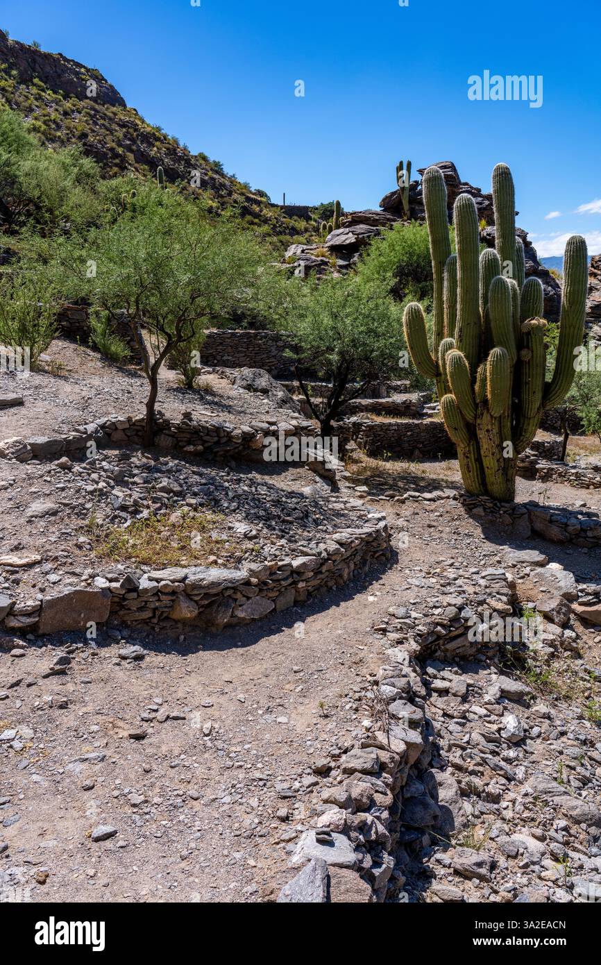 Die terrassenförmig angelegten prähispanischen Ruinen des Quilmes Archeological Park in Tucuman, Argentinien. Stockfoto
