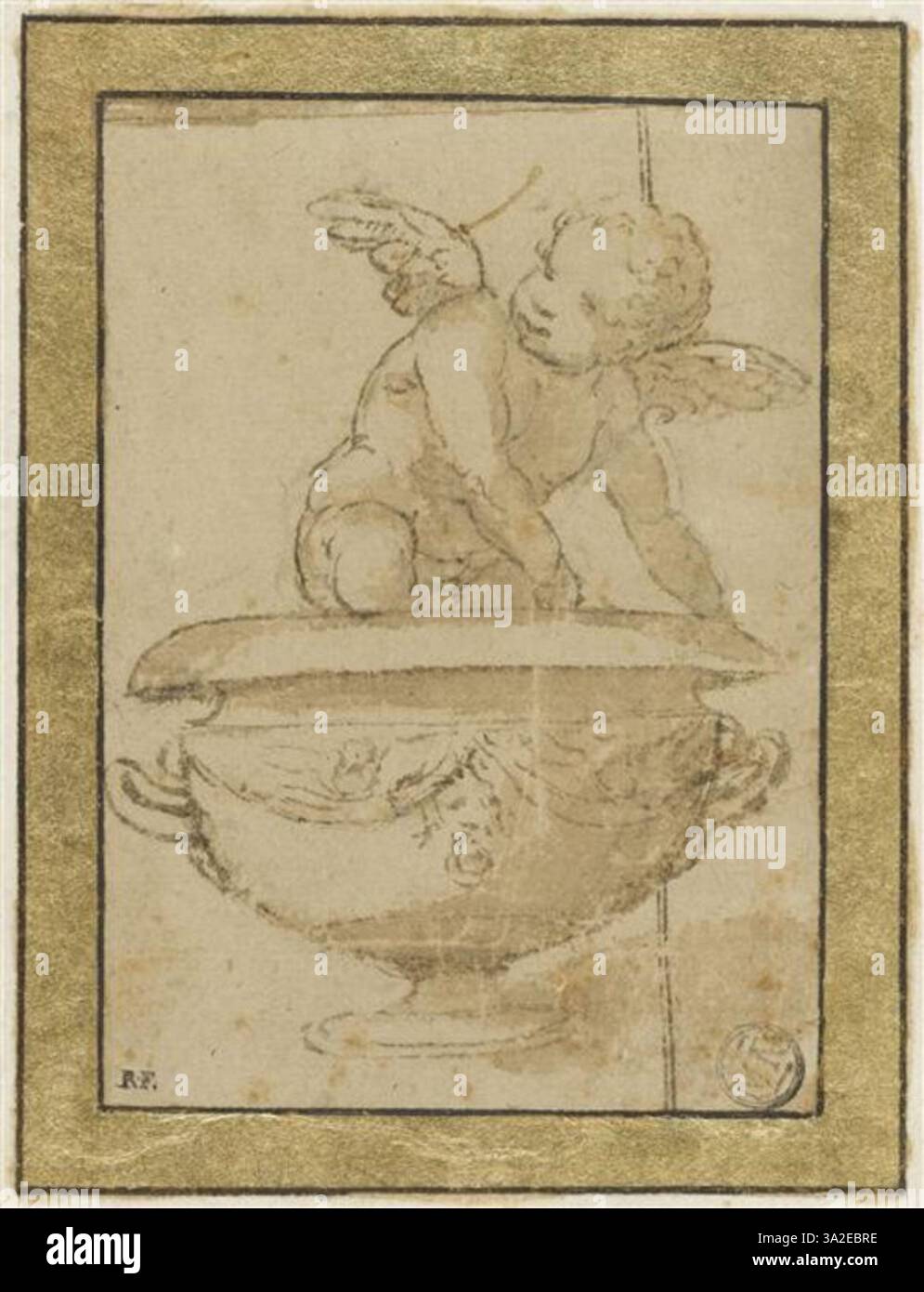 Diese Zeichnung aus Raphaels Werkstatt zeigt ein geflügeltes Kind, das auf einer Vase sitzt. Die Figur fängt einen Moment der Verspieltheit und Unschuld ein, während das Kind in einer fröhlichen Pose dargestellt wird. Stockfoto