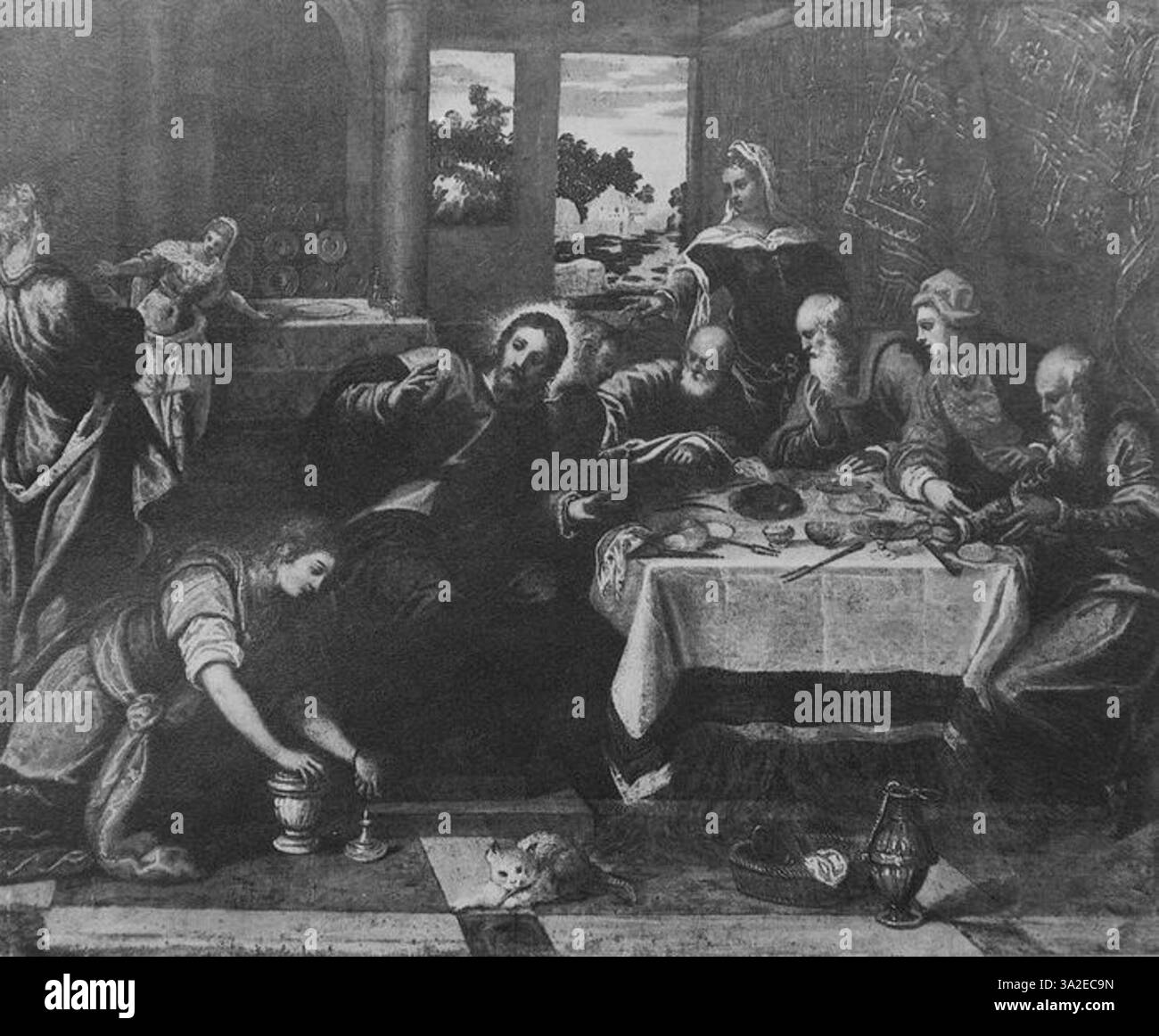 Dieses Stück von Jacopo Tintoretto fängt die Intensität religiöser oder historischer Themen mit seiner charakteristischen dramatischen Beleuchtung und dynamischen Komposition ein. Die Figuren in Bewegung vermitteln eine starke emotionale Erzählung. Stockfoto