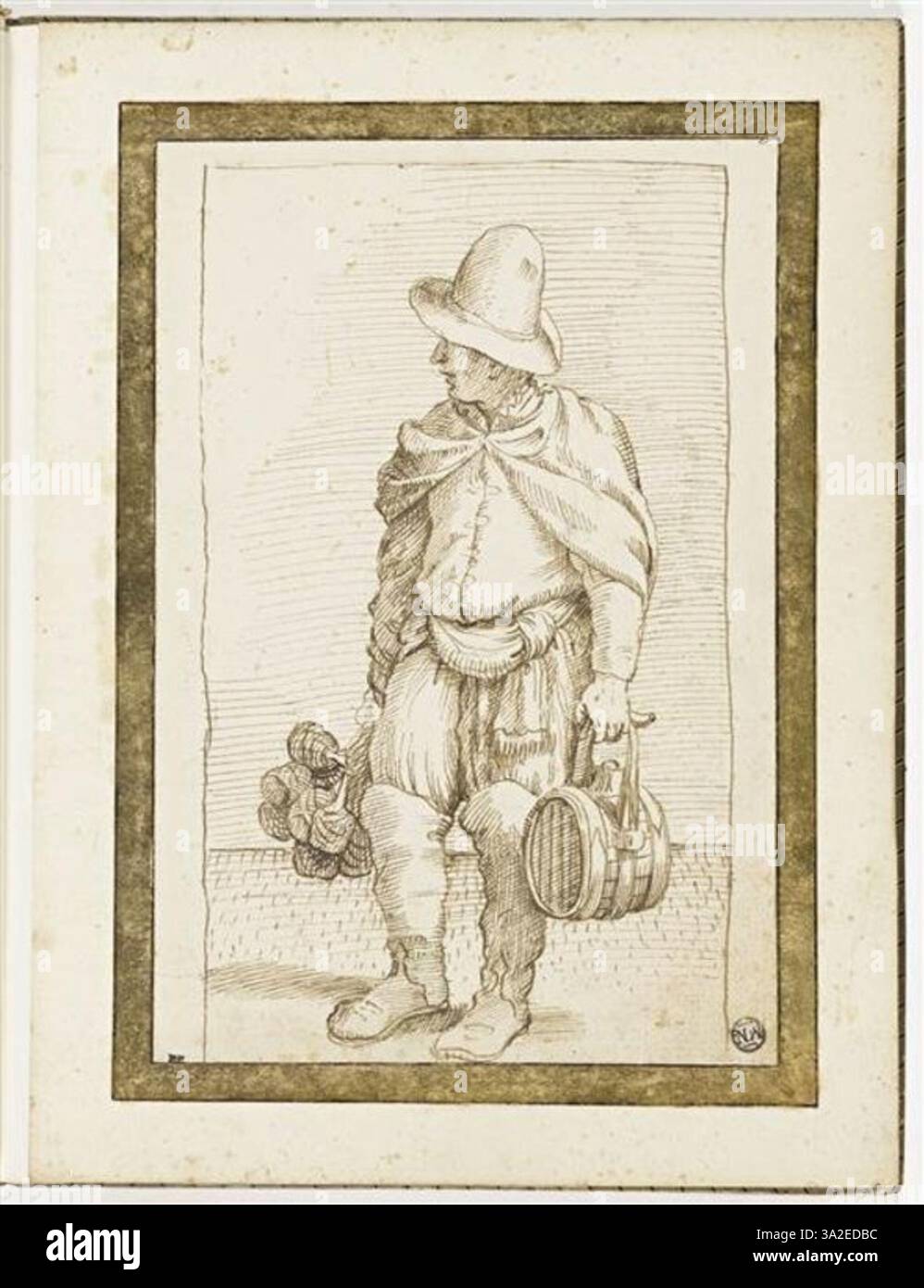 Diese Zeichnung von Annibale Carracci mit dem Titel „Marchand d'encre Inchiostro fino“ zeigt einen Händler, der feine Tinte verkauft. Carraccis detaillierte Untersuchung der Figur und des Alltags zeigt seine Meisterschaft in der Darstellung menschlicher Form und Textur. Stockfoto