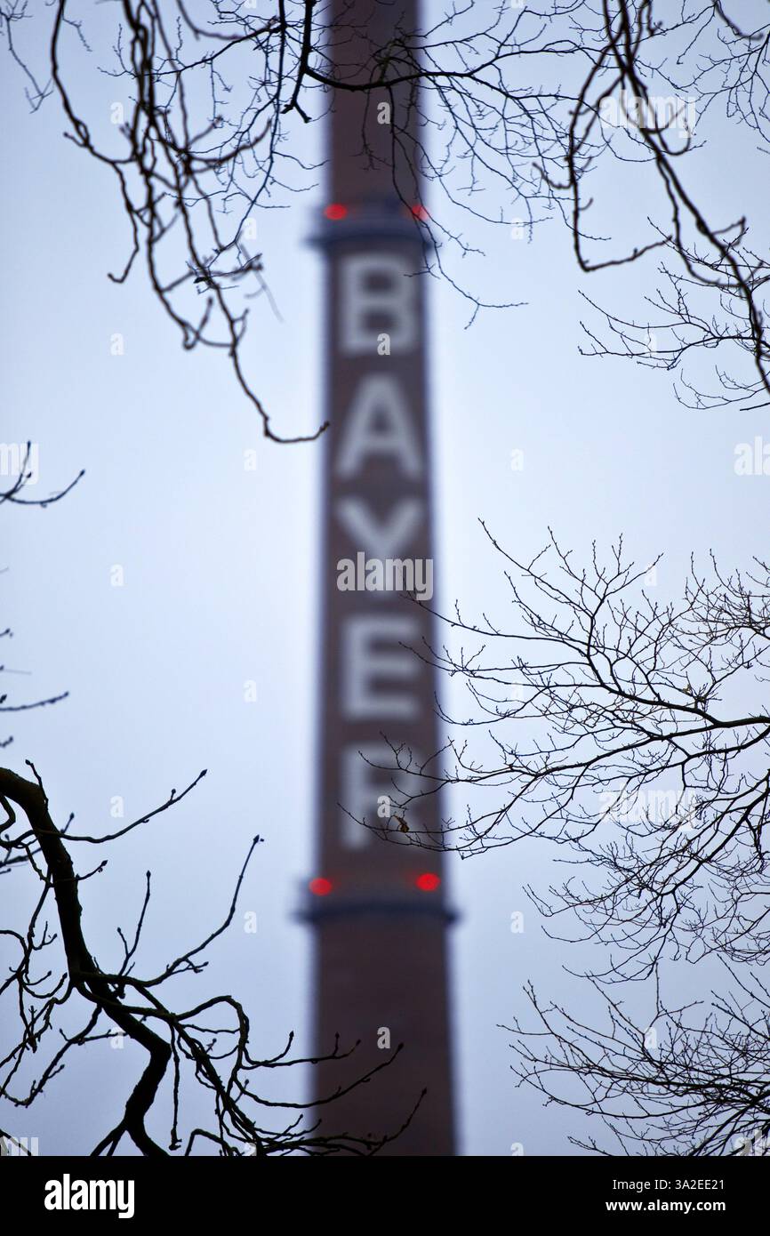 Bayer-Schriftzug auf einem Industrieschornstein, Bayer AG, Agrochemie- und Pharmaunternehmen, Deutschland, Nordrhein-Westfalen, Leverkusen Stockfoto