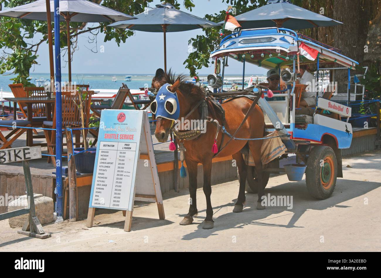 Perderickshaw auf der Insel Gili Air, wo es keine benzinbetriebenen Fahrzeuge gibt, Indonesien, Lombok, Gili Air Stockfoto