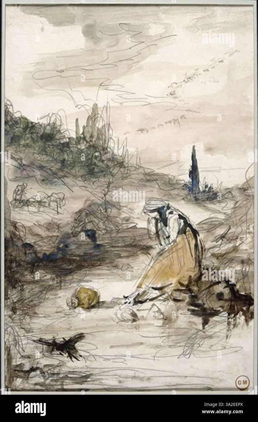 „La Laitière et le Pot au lait“ von Gustave Moreau zeigt eine ruhige, alltägliche Szene einer Milchjungfer mit ihrem Topf Milch. Das Gemälde fängt die Einfachheit und Anmut des ländlichen Lebens in subtilen Tönen und Texturen ein. Stockfoto