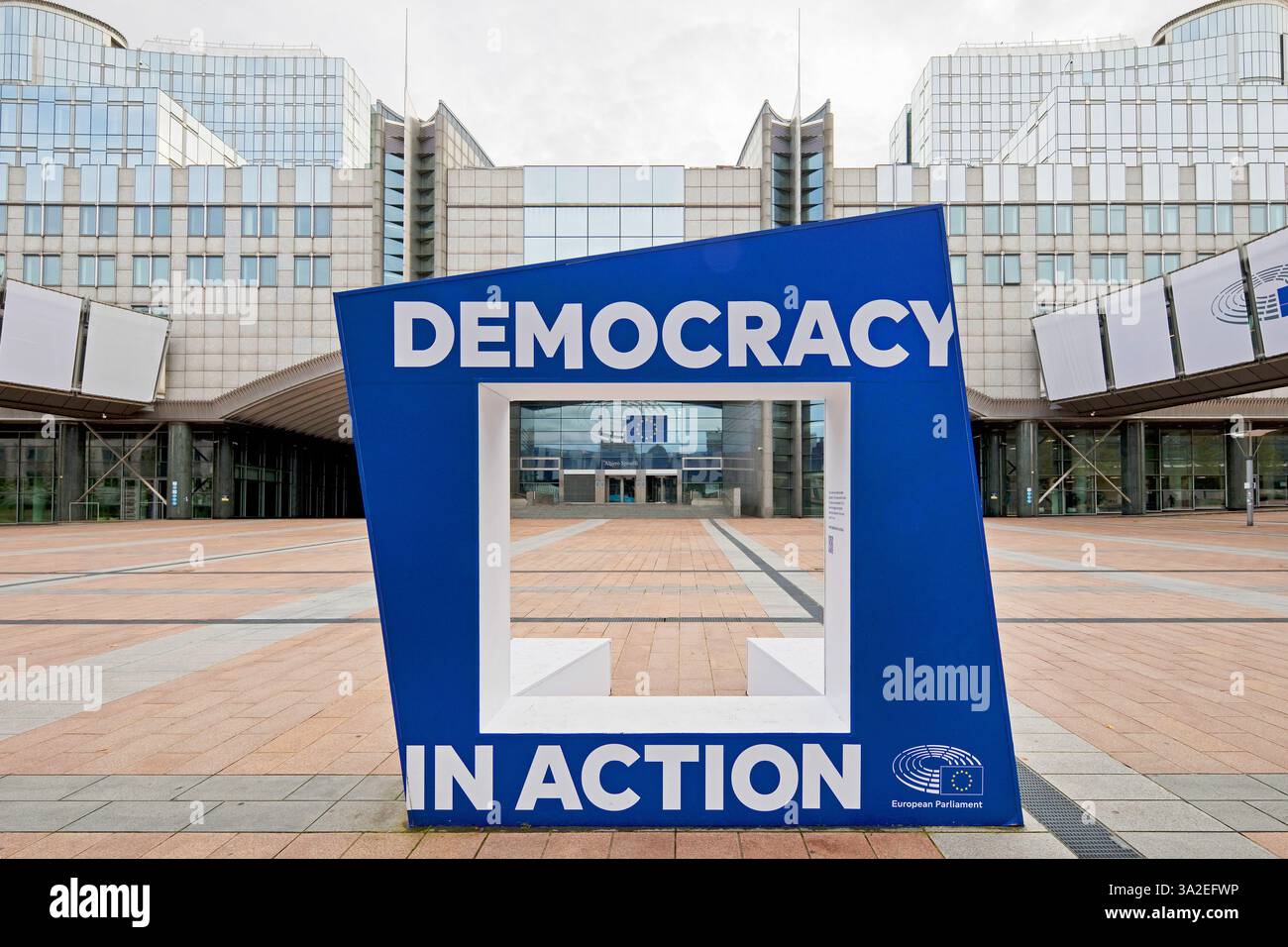 Demokratie in Aktion, Eingang zum Altiero Spinelli-Gebäude, Europäisches Parlament, Belgien, Brüssel Stockfoto