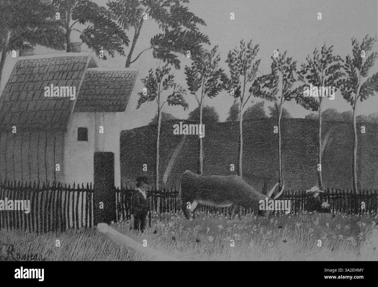 „H 58“ von Rousseau zeigt seine unverkennbare Verwendung stilisierter Formen und leuchtender Farben, um eine ruhige natürliche Szene voller symbolischer und emotionaler Tiefe darzustellen. Stockfoto