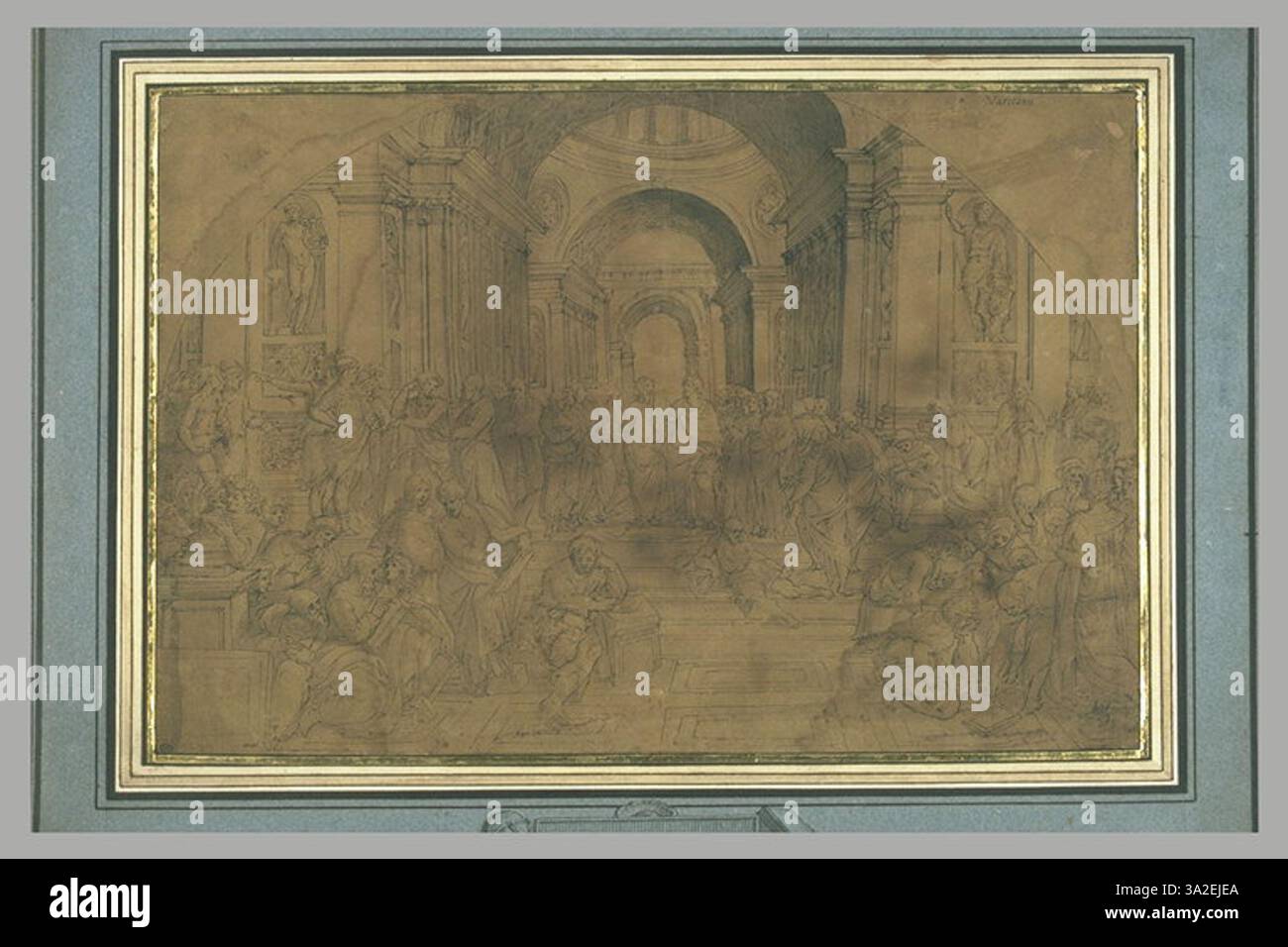 Dies ist eine Kopie von Raphaels „Schule von Athen“, einem großen Fresko, das verschiedene Philosophen und Gelehrte in klassischer Umgebung darstellt. Die Arbeit betont die menschliche Vernunft, das Lernen und die intellektuellen Errungenschaften der antiken Welt. Stockfoto