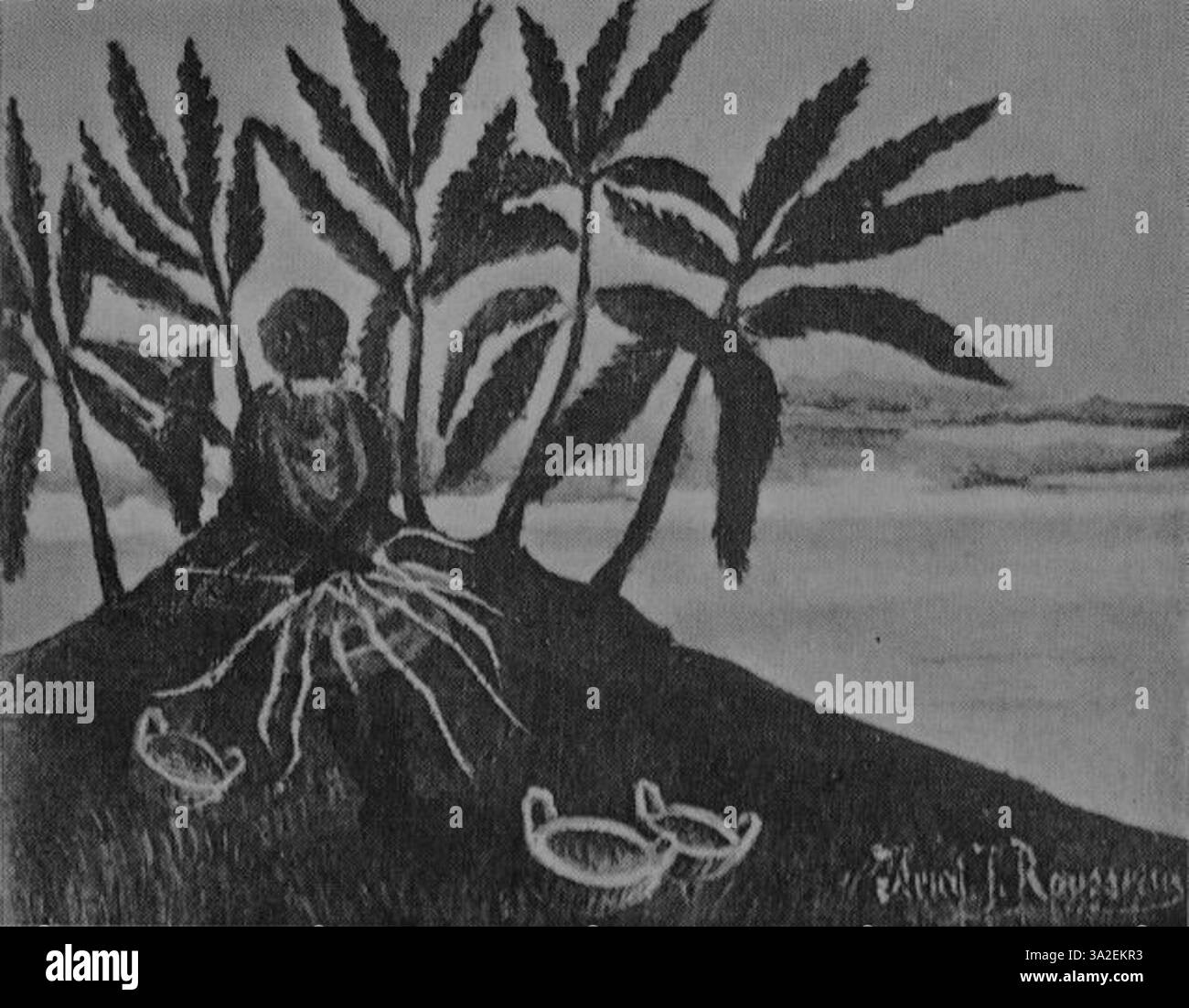 Rousseaus „H 260“ zeigt eine stilisierte Naturszene, wobei seine charakteristische helle Farbpalette und auffällige, vereinfachte Formen die friedliche Schönheit der Natur betonen. Stockfoto