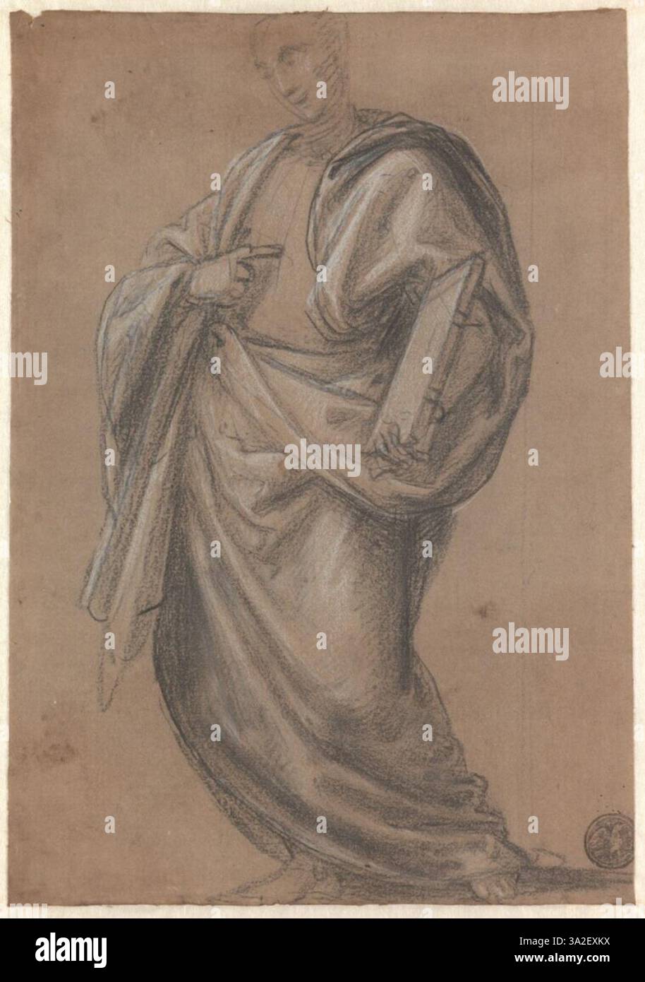 Diese Studie von Fra Bartolommeo zeigt den Heiligen Benedikt ganz rechts auf dem Altarbild „Vision of St. Bernard“. Die Figur wird in einer traditionellen Pose dargestellt, die Benedikts Rolle als religiöse Schlüsselfigur unterstreicht. Die Komposition ist Teil einer größeren religiösen Szene in der Cappella del Bianco und spiegelt die Liebe des Künstlers zum Detail und sein Verständnis der sakralen Ikonographie wider. Stockfoto