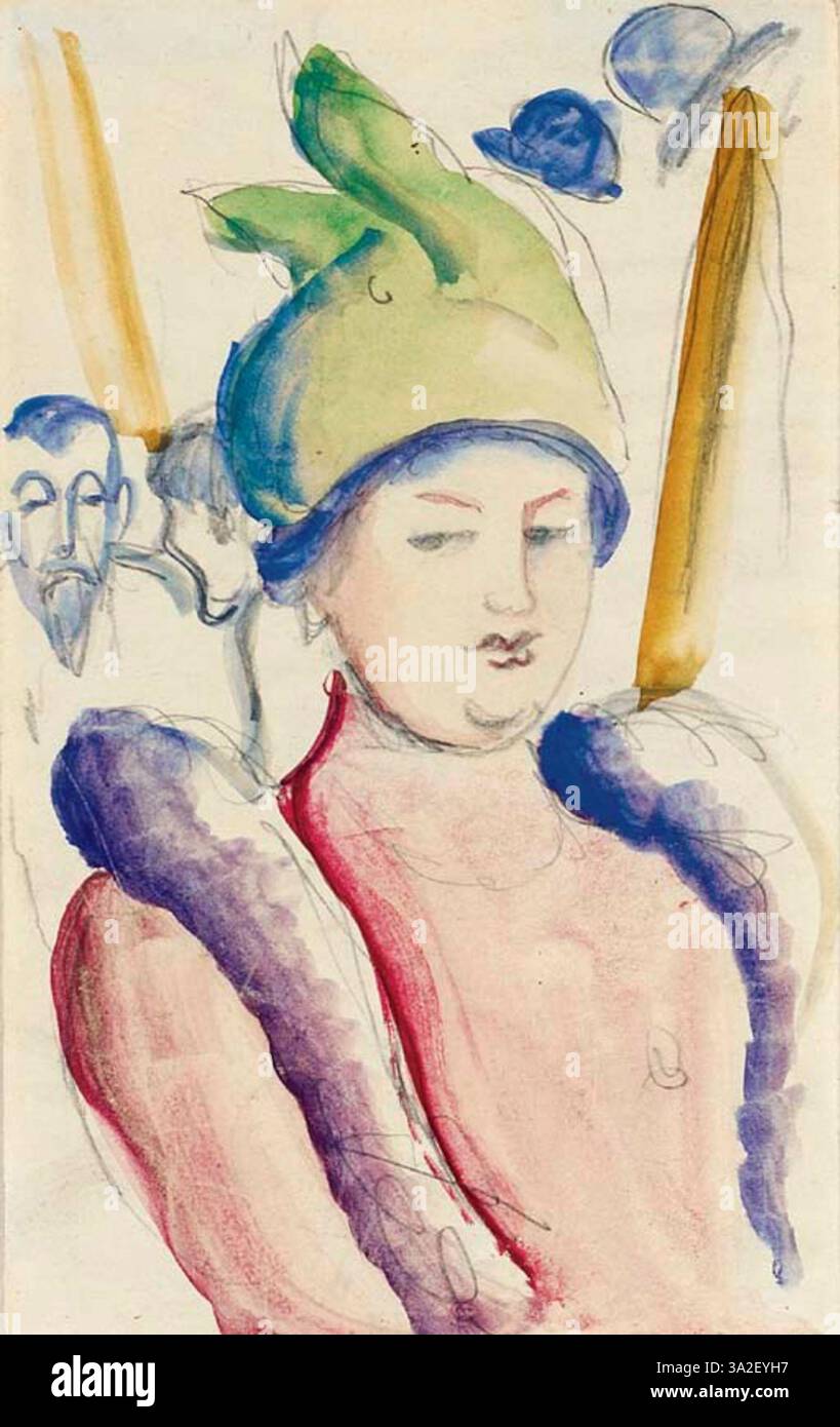 Dame mit Boa von August Macke stellt eine Frau dar, die mit einem Boa-Schal geschmückt ist. Das Gemälde unterstreicht Mackes lebhafte Farbpalette und die ausdrucksstarke Form und unterstreicht die Eleganz und Persönlichkeit der Figur. Stockfoto