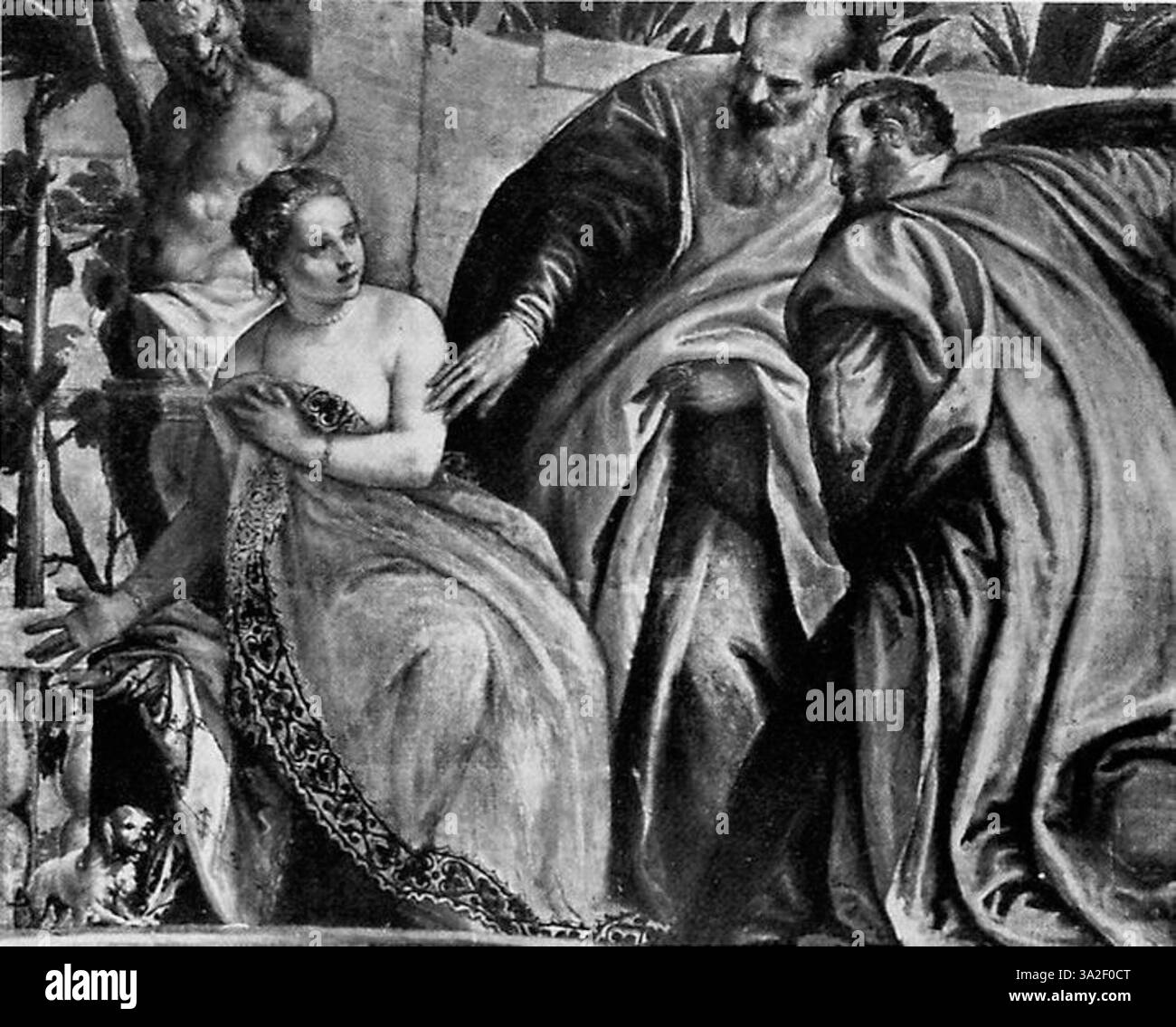 In „Suzanne et les vieillards“ schildert Paolo Veronese die biblische Geschichte von Susanna und den Ältesten. Das Gemälde fängt den Moment ihrer Not ein, während die Ältesten sie ausspionieren, und verwendet eine reichhaltige Farbpalette und komplizierte Details, um die emotionale Spannung der Szene zu vermitteln. Stockfoto