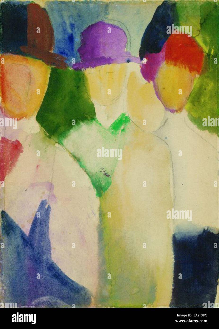 Zwei Männer mit Frau von August Macke zeigt drei Figuren: Zwei Männer und eine Frau. Das Gemälde betont ihre Interaktion und den sozialen Kontext, indem es leuchtende Farben und kräftige Pinselarbeiten verwendet. Stockfoto