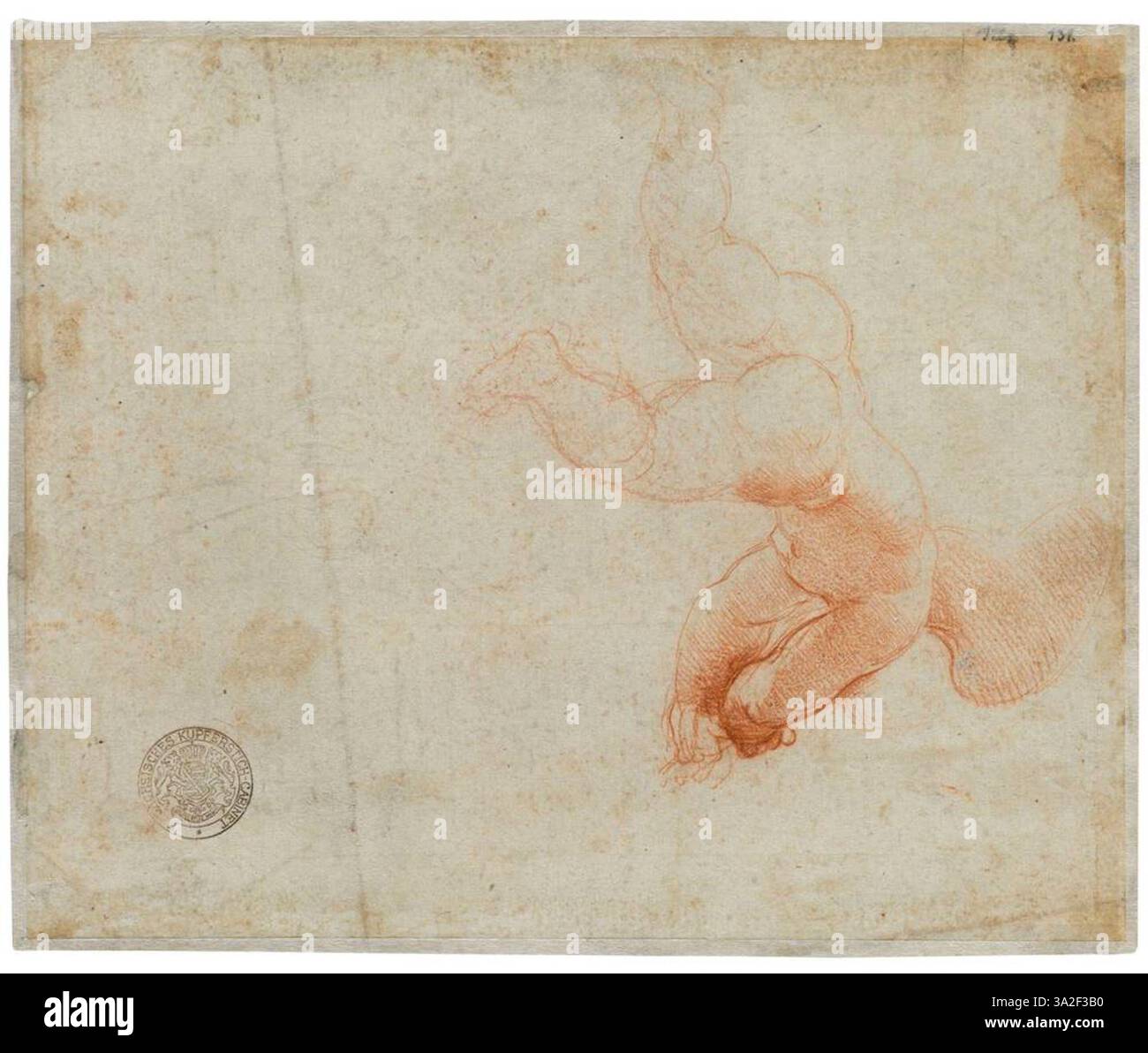 „Nach links schwebender Amorknabe und ein weiterer Putto“ von Raphael zeigt zwei filigrane Putti im Flug, die die idealisierte Schönheit und Leichtigkeit der Engelsfiguren der Renaissance verkörpern. Stockfoto