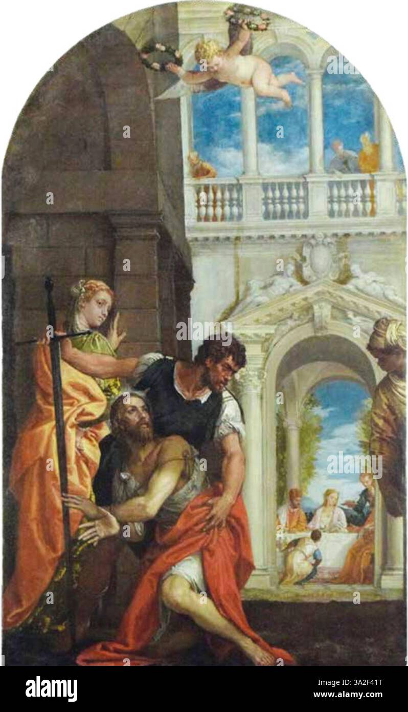 Paolo Veroneses *Enthauptung des Heiligen Johannes des Täufers*, gemalt 1575, zeigt den dramatischen Moment des Martyriums des heiligen. Das Werk betont lebhafte Farben, starke Lichtkontraste und ein barockes Bewegungsgefühl, charakteristisch für Veroneses Stil. Stockfoto
