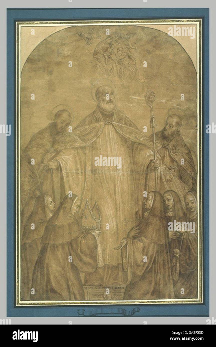 Diese Reproduktion von Veroneses Werk zeigt den Heiligen Benedikt mit mehreren Heiligen, darunter Maurus, Placidius, Scholastica, Katharina, und die Jungfrau Maria. Stockfoto