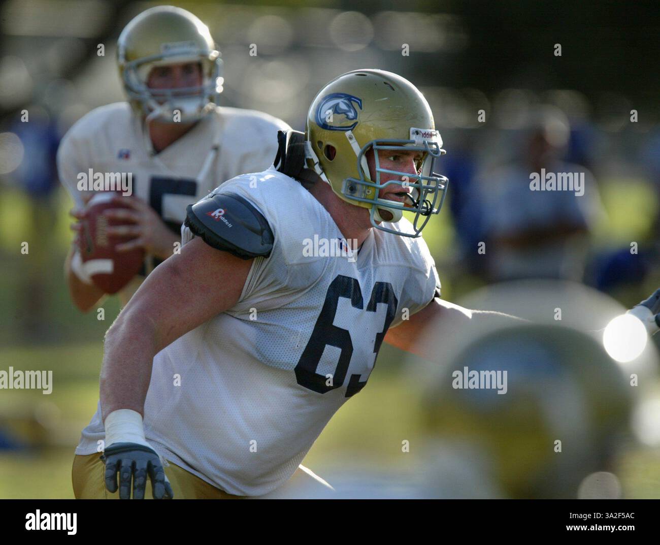 Während eines Trainings an der UC Davis fällt Brad Lekkerkerker cq zurück, um den Quarterback-Hintergrund zu schützen Er und sein Bruder Cory sind 330-Kilo-Offensive-Tackles, die angewiesen sind, das Viertel wieder am Leben zu erhalten. Sie sind sehr nah, wenn auch ein Jahr auseinander, und machen alles zusammen. Foto am Dienstag, 16. September 2003. (Vermerk: © Sacramento Bee/ZUMAPRESS.com) Stockfoto