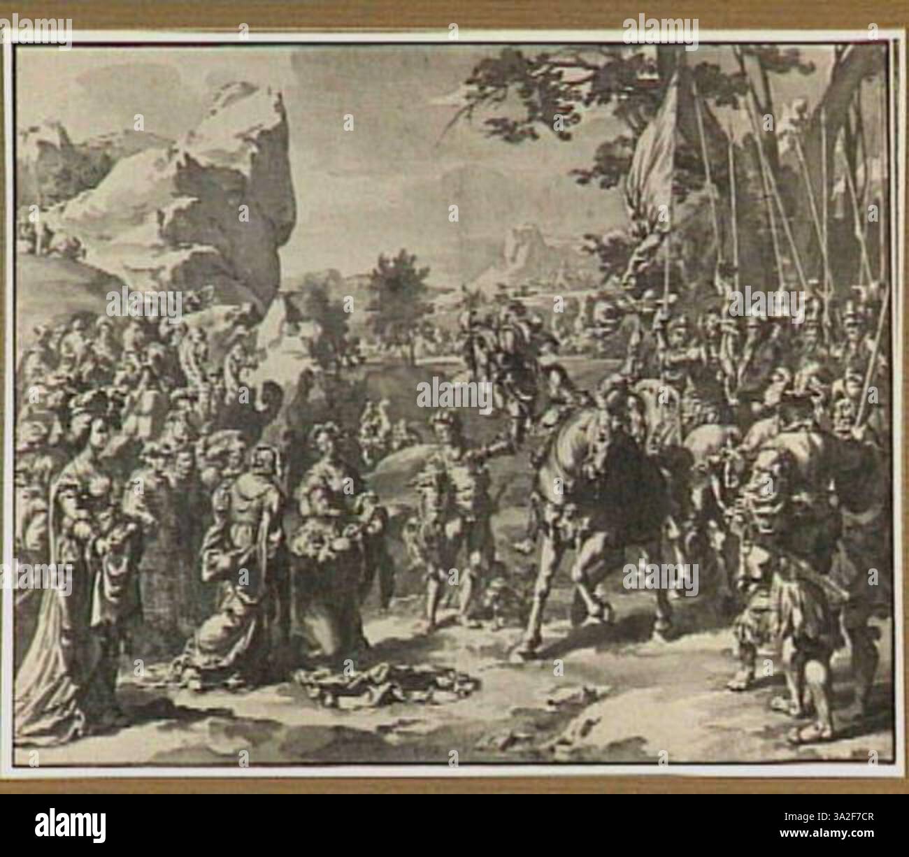 Dieses Werk aus dem 17. Jahrhundert von Jan de Bisschop, nach Lucas van Leyden, veranschaulicht die Begegnung von David und Abigail aus der Bibel. Abigail kniet vor David und bietet seinen Männern Vorräte an. Stockfoto