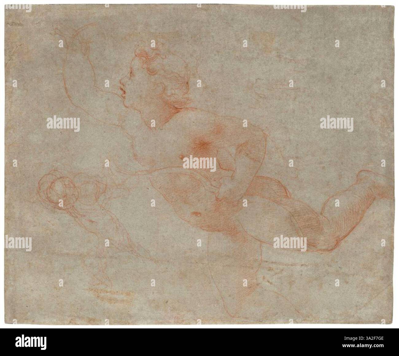 Raphaels „nach links schwebender Amorknabe und ein weiterer Putto“ zeigt einen geflügelten Cherub und eine andere Engelsfigur, die in einer ruhigen und anmutigen Pose schweben, was Raffaels fließenden und dynamischen Stil veranschaulicht. Stockfoto