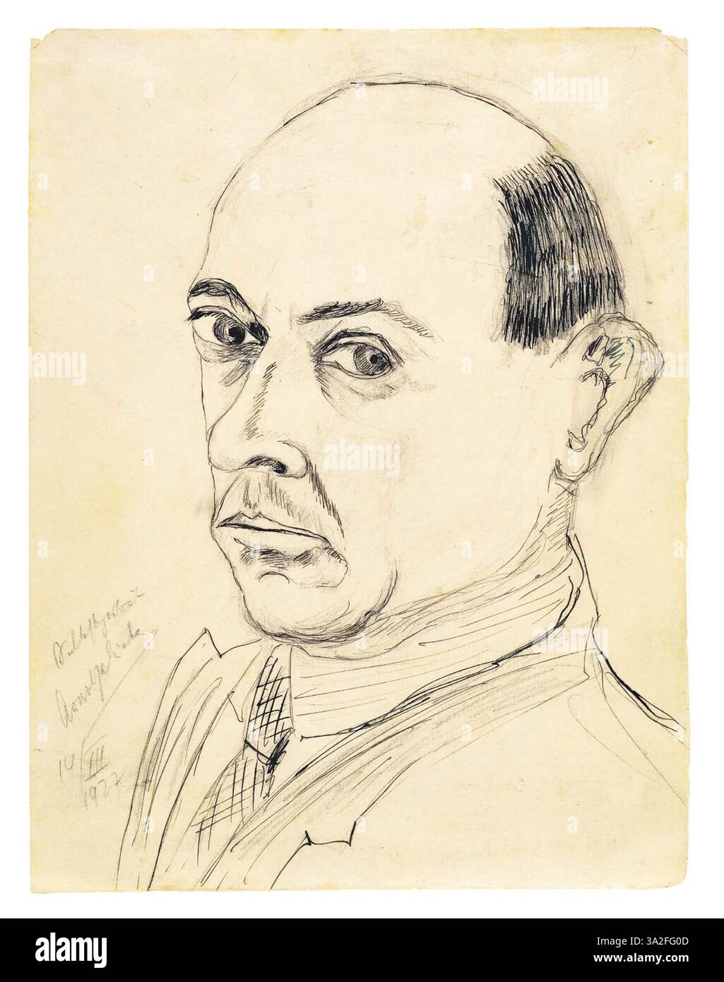 Das Kunstwerk zeigt Arnold Schönberg, den österreichischen Komponisten, der den Kurs der westlichen Klassik im frühen 20. Jahrhundert radikal veränderte. Schönbergs Pionierarbeit in der Atonalität und seine Entwicklung der Zwölftonmethode revolutionierten die Musikkomposition. Stockfoto