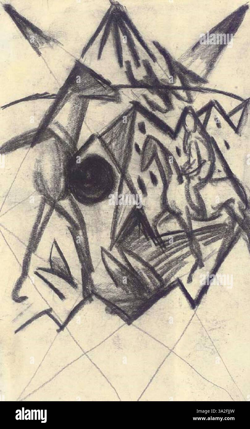 Komposition Indianer von August Macke präsentiert eine stilisierte Interpretation indianischer Figuren. Die Komposition zeichnet sich durch helle Farben und geometrische Abstraktion aus. Stockfoto