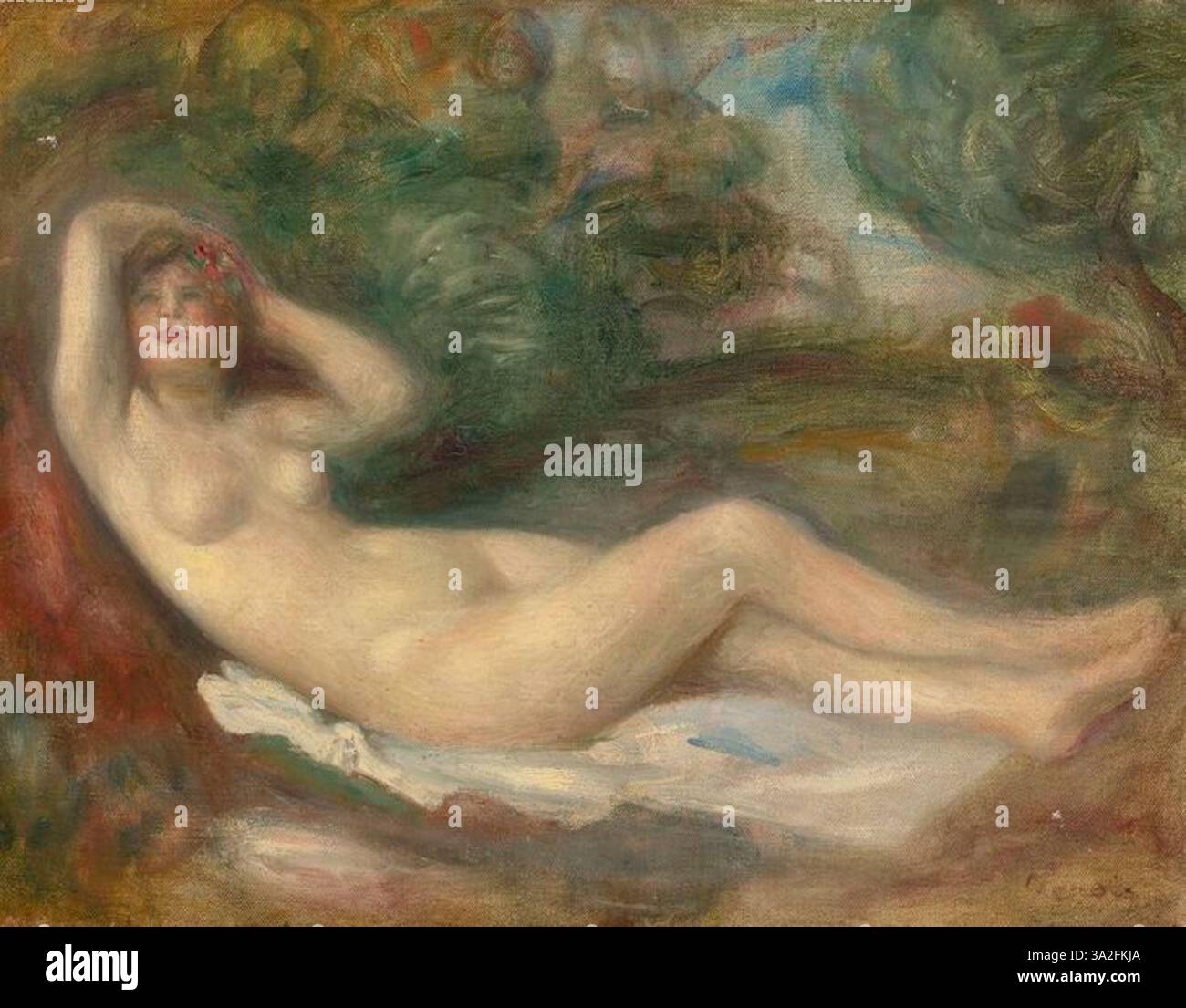 Renoir’ Gemälde fängt einen ruhigen Moment mit sanftem Licht und zarten Figuren ein. Die harmonische Farbpalette und die fließende Pinselarbeit wecken ein Gefühl von Ruhe und Emotionen. Stockfoto