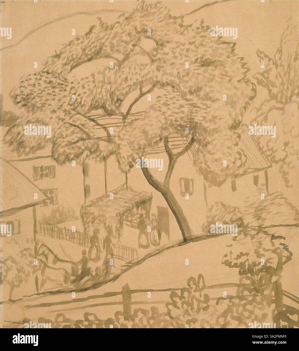 Baum am Hang von August Macke stellt einen einsamen Baum dar, der an einem Hügel wächst. Das Stück konzentriert sich auf die natürliche Schönheit des Baumes und die umliegende Landschaft, mit ausdrucksstarken Pinselstrichen und kräftigen Farben. Stockfoto