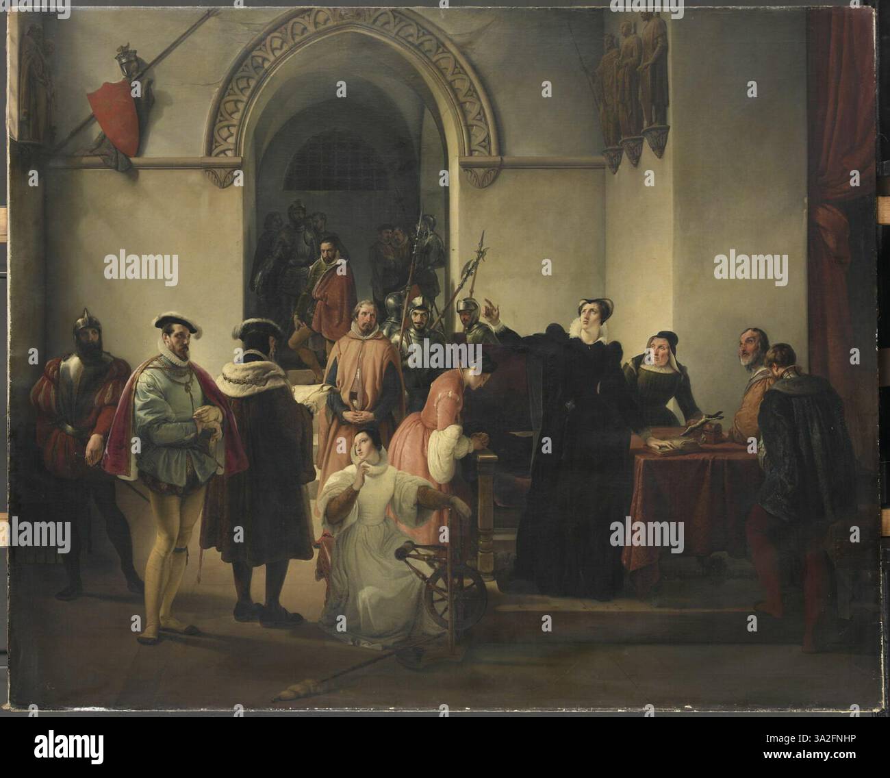 „Marie Stuart, Protestantin, verkündet ihre Unschuld bei der Lesung ihres Todesurteils“ von Francesco Hayez, gemalt 1832, fängt die emotionale Intensität der letzten Momente der Königin ein. Stockfoto