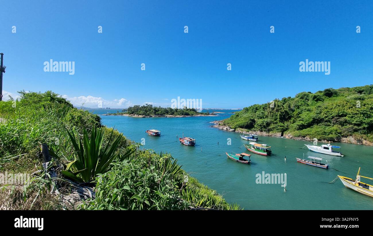 Eine atemberaubende Küstenszene mit lebhaftem türkisfarbenem Wasser, üppig grünen Inseln und einer Reihe von farbenfrohen Booten, die sanft auf dem ruhigen Meer schwimmen. - Smartphone-aufgenommenes Stockfoto