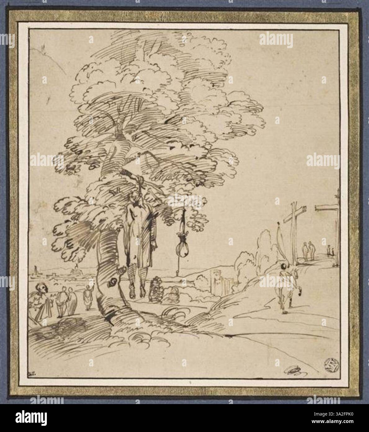 In dieser dramatischen Landschaft präsentiert Annibale Carracci die Figur des Judas, die im Vordergrund hängt. Das Kunstwerk fängt die düstere Stimmung des biblischen Ereignisses in einer natürlichen Umgebung ein. Stockfoto In dieser dramatischen Landschaft präsentiert Annibale Carracci die Figur des Judas, die im Vordergrund hängt. Das Kunstwerk fängt die düstere Stimmung des biblischen Ereignisses in einer natürlichen Umgebung ein. Stockfoto