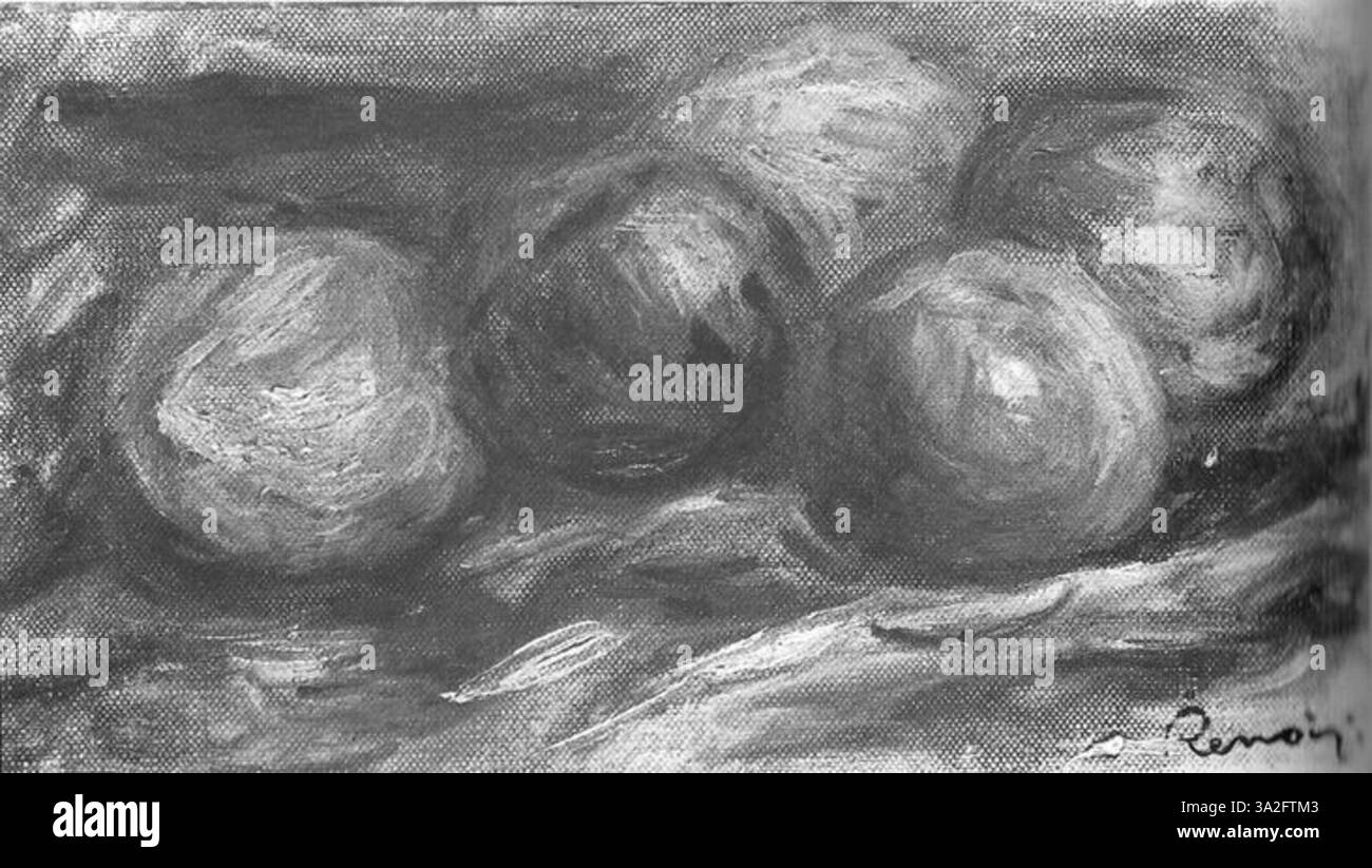 „Nmpommes-neuchatel“ zeigt Äpfel, die mit Betonung auf Textur, Farbe und Licht angeordnet sind, was Renoir’ Beherrschung der impressionistischen Technik demonstriert. Stockfoto