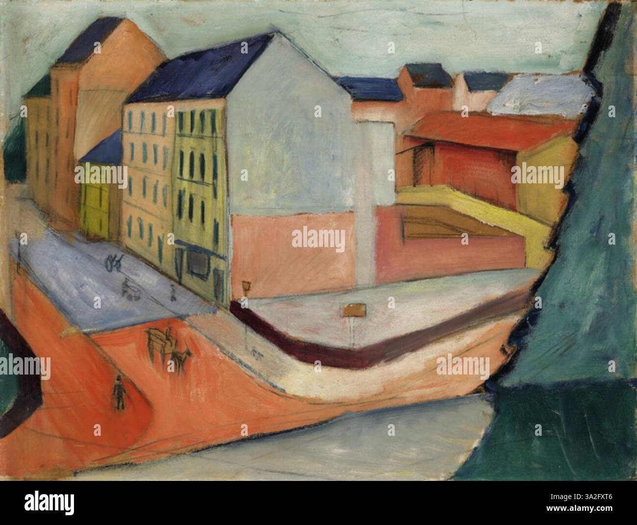 Unsere Straße m von August Macke zeigt eine Straßenszene mit Figuren, die durch die urbane Umgebung laufen. Die Verwendung von kräftigen Farbkontrasten und dynamischen Pinselarbeiten schafft eine lebendige, lebendige Darstellung des Alltags. Stockfoto