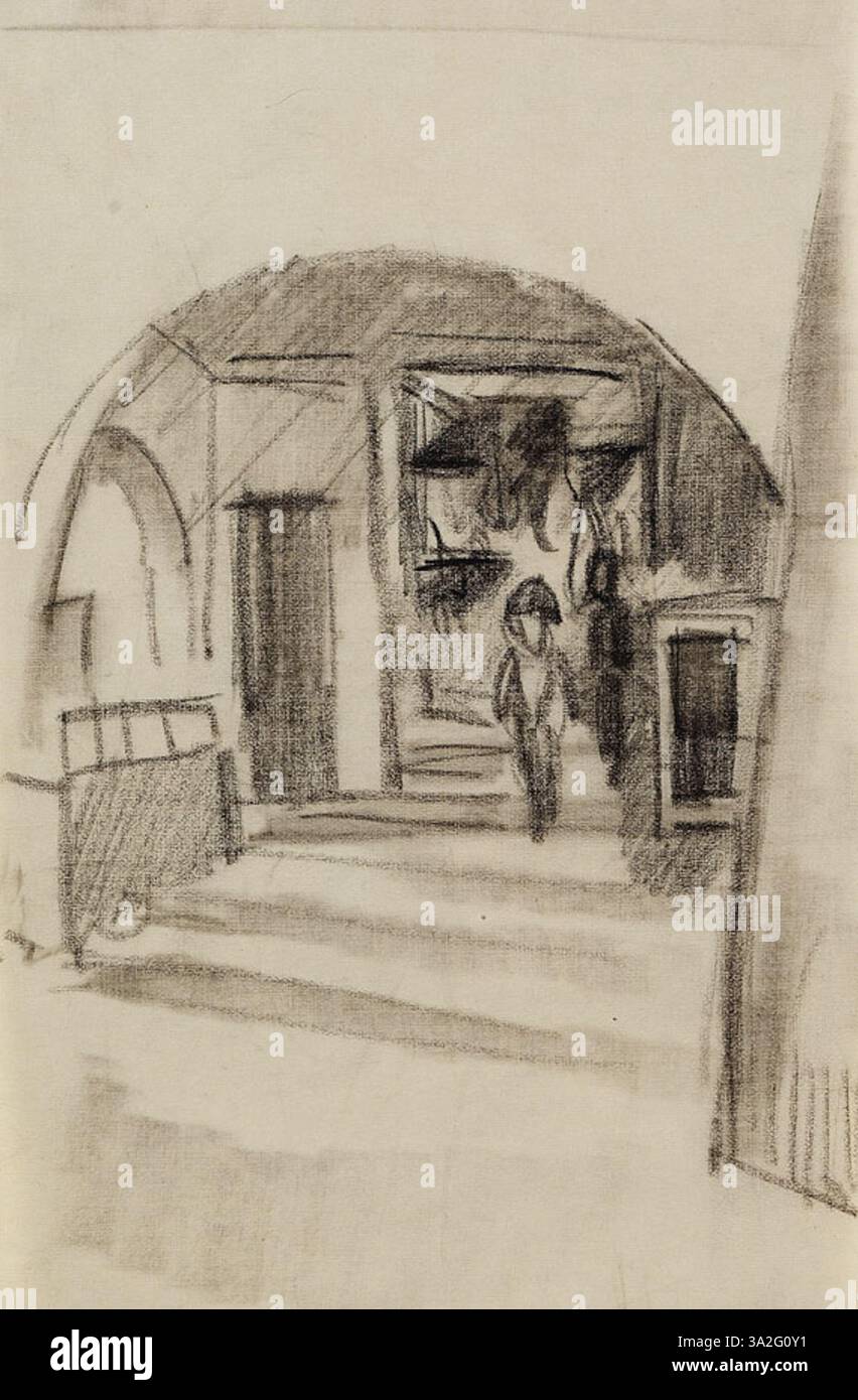 Unter den Lauben in Thun I. von August Macke zeigt eine Figur, die unter überdachten Bögen in Thun spaziert. Das Gemälde hebt die architektonischen Merkmale und das Zusammenspiel von Licht und Schatten hervor. Stockfoto