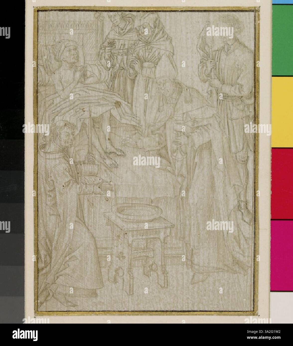 Diese Manuskriptseite aus der Schule von Rogier van der Weyden zeigt das Sakrament der extremen Salzung, das mit einer für diese Zeit typischen detaillierten Beleuchtung dargestellt wurde. Stockfoto