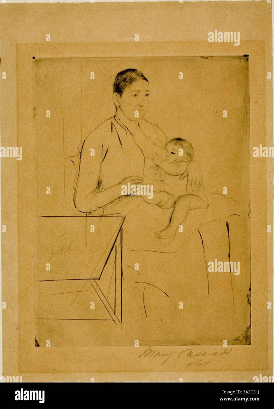 Mary Cassatts „Pflege“ fängt den intimen und zärtlichen Moment zwischen Mutter und Kind während der Pflege ein. Die weiche Pinselarbeit und der Fokus auf das Licht erwecken ein Gefühl der Nähe und mütterlichen Bindung. Stockfoto