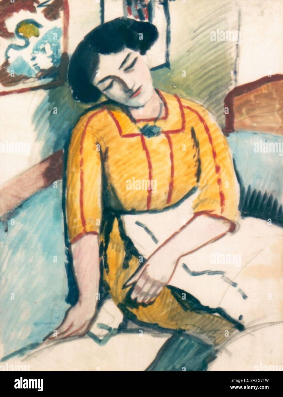 Addormentata sul Divano (schlafend auf der Couch) von August Macke stellt eine Frau dar, die auf einer Couch ruht. Die sanften, gedämpften Farben und zarten Linien vermitteln ein Gefühl von Ruhe und Ruhe. Stockfoto