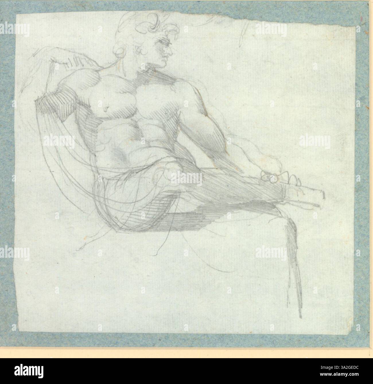 Diese Zeichnung von Fuseli ist eine Studie von Michelangelos *Ignudo*-Figuren von der Decke der Sixtinischen Kapelle. Der Fokus liegt auf der muskulären Struktur und der dramatischen Form, die Fuselis Bewunderung für Michelangelos anatomische Meisterschaft widerspiegelt. Stockfoto