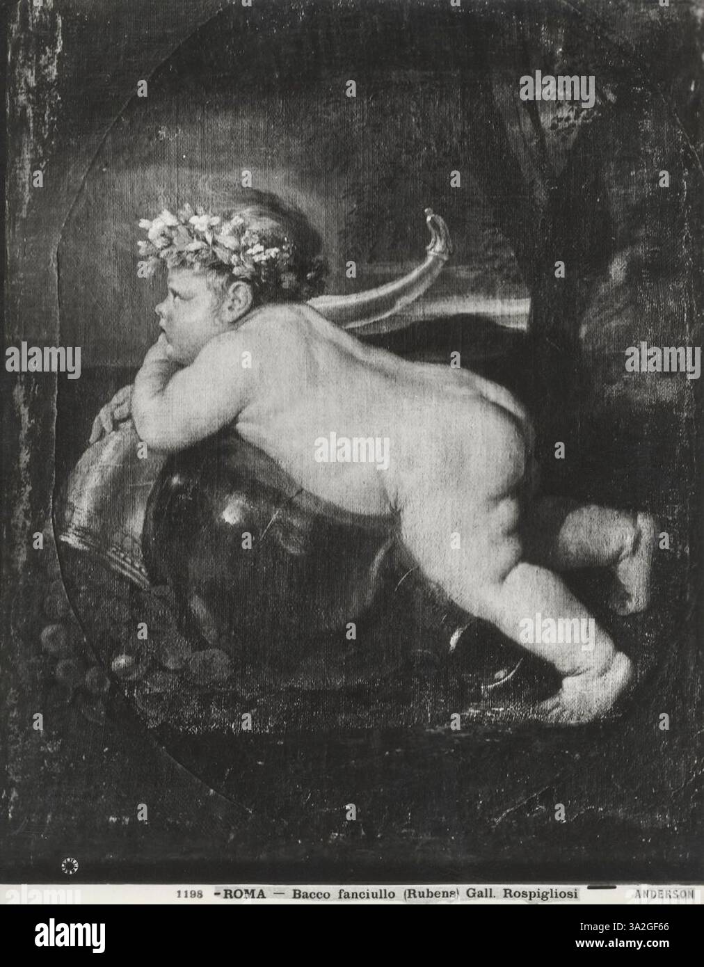 Putto con vaso e cornucopia von Nicolas Poussin zeigt einen verspielten Putto mit Vase und Cornucopia, umgeben von symbolischen Darstellungen des Überflusses. Poussins Liebe zum Detail und zur Komposition schafft eine ruhige und zugleich dynamische Szene. Stockfoto