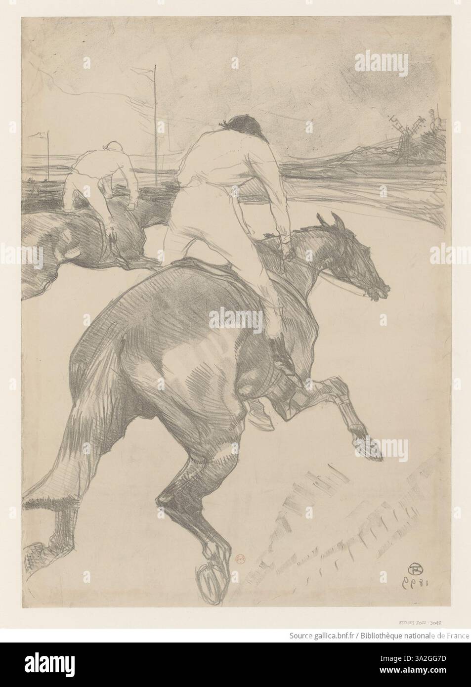 „Le Jockey“ fängt einen Reiter in Bewegung ein und zeigt den intensiven Fokus und die Entschlossenheit des Athleten. Toulouse-Lautrec vermittelt sowohl Anmut als auch Kraft in dieser actionreichen Szene. Stockfoto