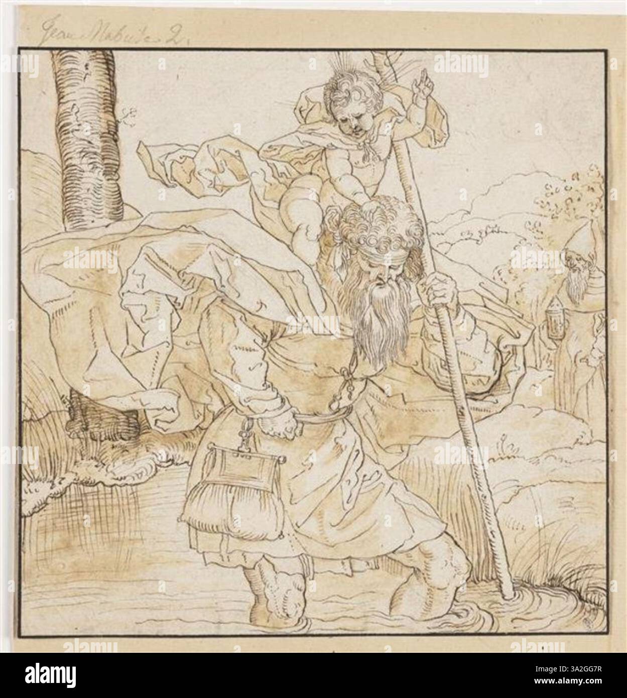 Dieses Bild von Dürer zeigt den Heiligen Christoph, der das Christuskind über einen Fluss trägt, ein Symbol für Schutz und christliche Verehrung. Die feinen Details der Figuren und der natürlichen Umgebung unterstreichen die spirituelle Erzählung. Stockfoto