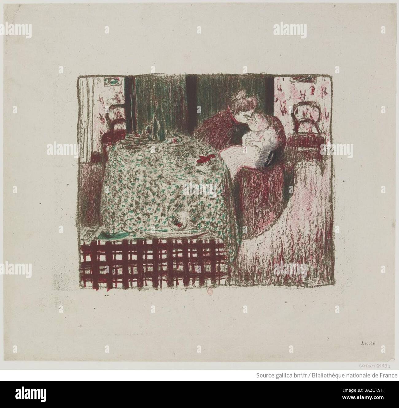 Edouard Vuillard (1868–1940) war ein französischer Maler, der für seine intimen und häuslichen Szenen bekannt war und oft Frauen in privaten Räumen zeigte. Seine Werke erfassen subtile Momente des Alltags, die durch eine einzigartige Verwendung von Farbe und Textur gekennzeichnet sind. Stockfoto