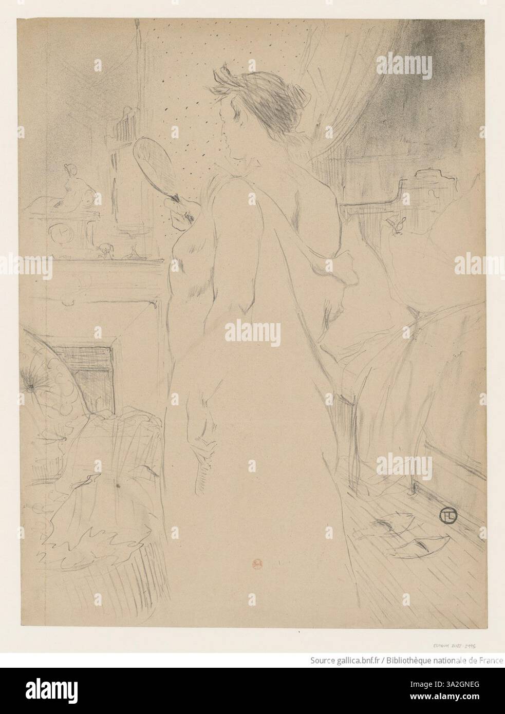 „Femme à sa glace – La glace à Main“ zeigt eine Frau, die einen Handspiegel hält und ihre Reflexion nachdenklich beobachtet. Toulouse-Lautrec fängt die persönliche Natur dieses intimen Akts ein und zeigt sowohl die Schönheit des Themas als auch die Verletzlichkeit, die der Selbstreflexion innewohnt. Stockfoto