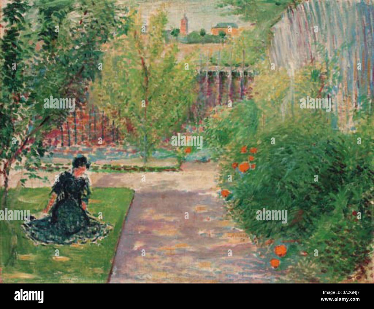 Der Sonniger Garten von August Macke verfügt über einen sonnigen Garten mit üppigem Grün. Das Gemälde fängt die Lebendigkeit der Natur mit hellen Farben und kräftigen Formen ein, die typisch für Mackes frühe Werke sind. Stockfoto