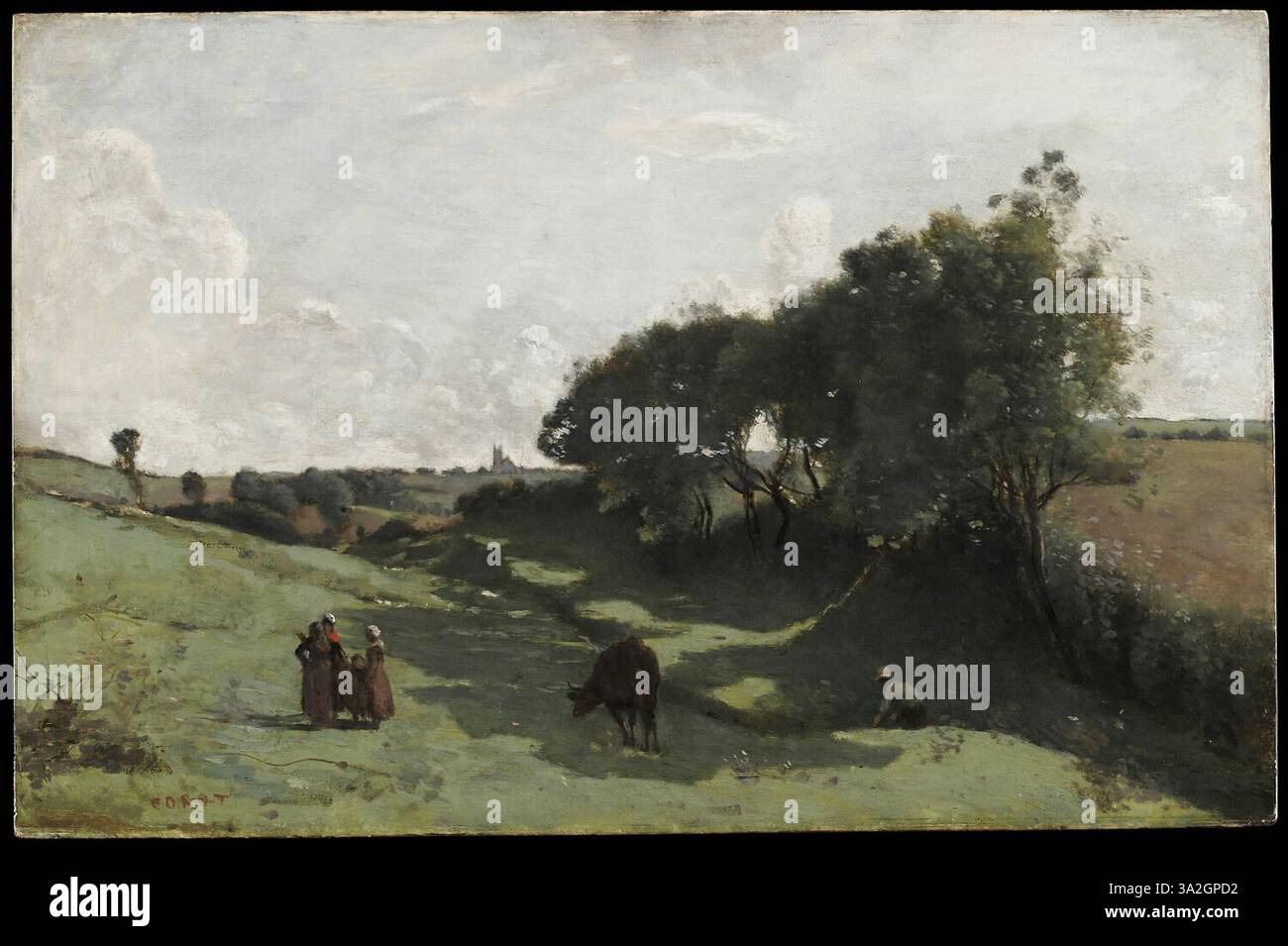„Le Vallon“ zeigt eine friedliche Talszene mit sanft abfallenden Hügeln und einer ruhigen Wasserstraße. Corot verwendet weiche Pinselstriche, um die ruhige Landschaft einzufangen. Stockfoto