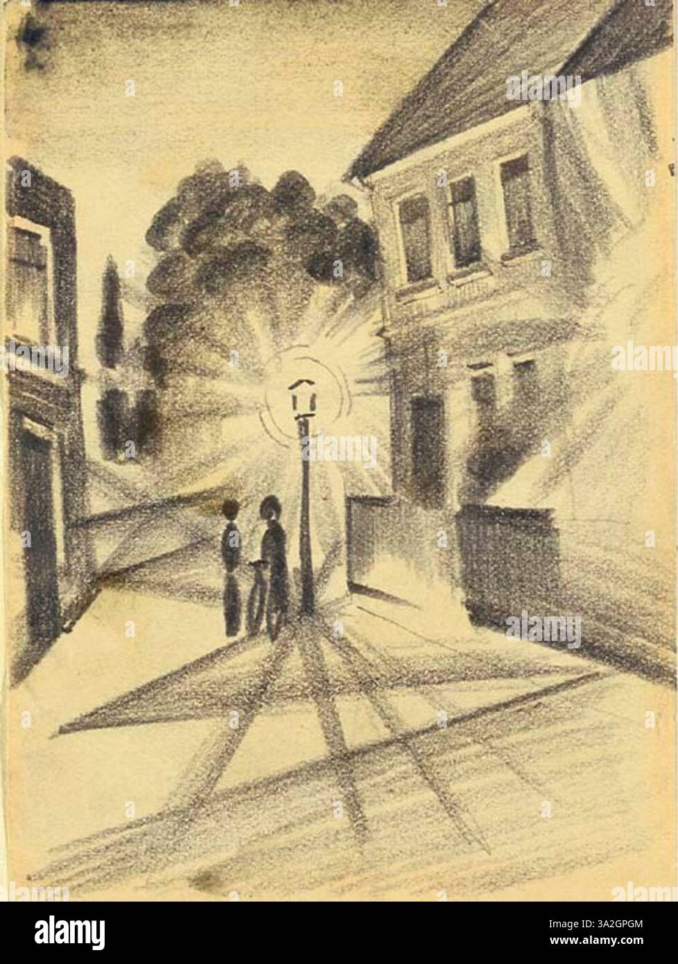 Das Straßenbild am Abend II von August Macke zeigt eine Stadtstraße in der Abenddämmerung. Das Gemälde verwendet lebendige Farben, um die Atmosphäre des Abends zu wecken. Stockfoto