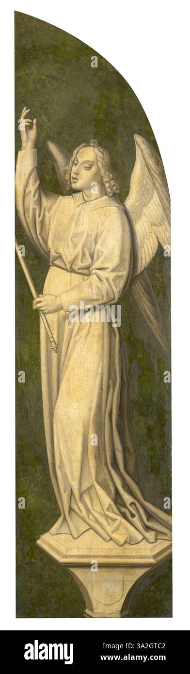 Dieses Triptychon ist eine Variation der „Krönung der Jungfrau“ des Meisters von 1499 und präsentiert die Jungfrau Maria in einem himmlischen Setting, gekrönt von Engeln. Die religiöse Komposition ist ein Schlüsselbeispiel für flämische Altarbilder aus dem 15. Jahrhundert. Stockfoto