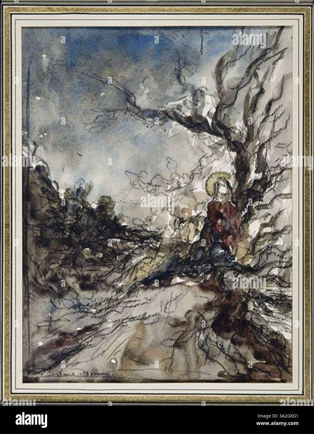 „Le Christ au jardin des Oliviers“ von Gustave Moreau zeigt Christus im Garten Gethsemane und veranschaulicht den Moment des spirituellen Kampfes vor seiner Kreuzigung. Die Arbeit hebt die emotionale Intensität der Szene hervor. Stockfoto