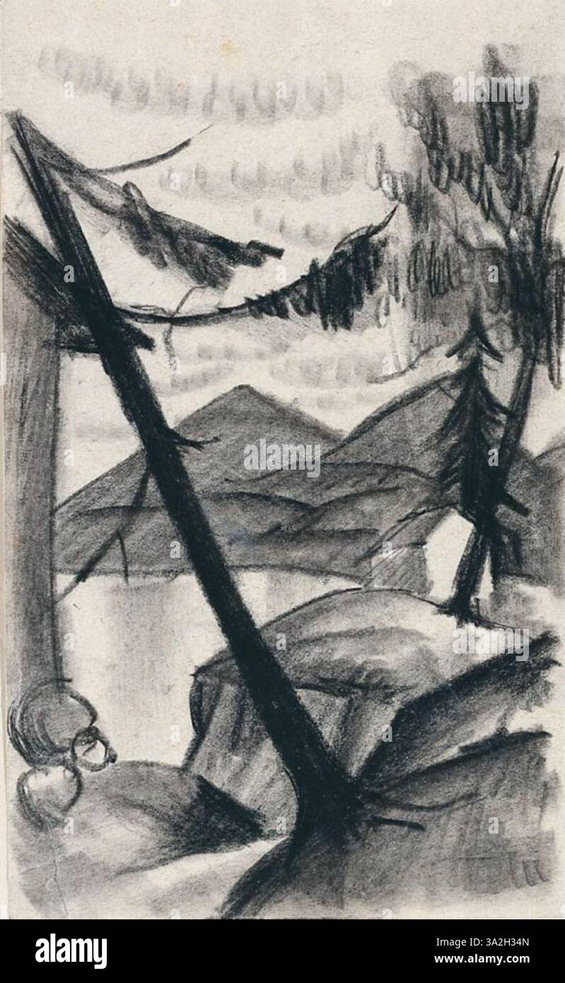 Landschaft vom von August Macke zeigt eine lebendige, farbenfrohe Landschaft. Die Komposition zeigt die Schönheit der Natur mit kräftigen Pinselstrichen und ausdrucksstarken Farben. Stockfoto