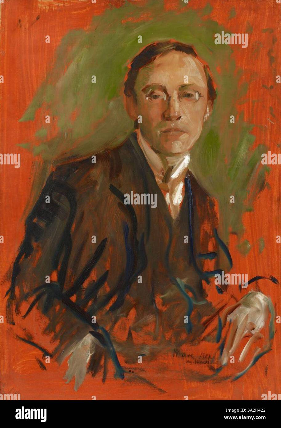 Dieses Porträt fängt Karl K. auf einfache, aber kraftvolle Weise ein, mit Mackes charakteristischem Einsatz lebendiger Farben und ausdrucksstarker Pinselarbeit. Dem ruhigen Ausdruck der Figur stehen dynamische Farbkontraste gegenüber. Stockfoto