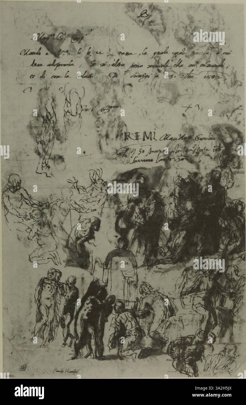 Diese Variation von Paolo Veroneses Werk zeigt Figuren in einer detaillierten, opulenten Umgebung. Die Verwendung von Licht, Farbe und Textur unterstreicht die Größe und das historische oder religiöse Thema der Szene. Stockfoto