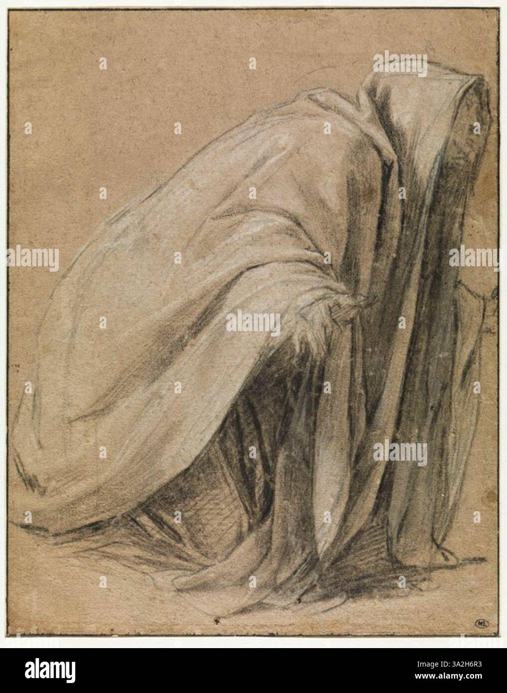 In dieser Zeichnung fängt Simon Vouet eine drapierte Frau ein, die in einer schmerzhaften Haltung kniet. Die Figur vermittelt einen starken emotionalen Ausdruck und zeigt Vouets Fähigkeit, Leiden und menschliche Verletzlichkeit darzustellen. Stockfoto