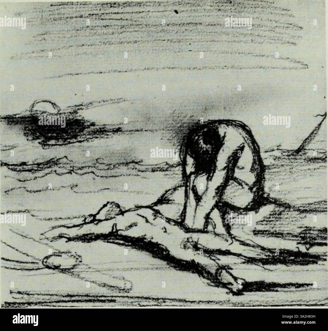 Dieses Kunstwerk von Théodore Chassériau zeigt ausdrucksstarke Figuren mit dramatischen Kontrasten von Licht und Schatten, die die emotionale Intensität der Szene einfangen. Stockfoto